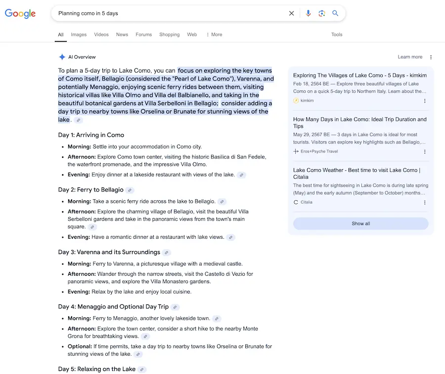 การใช้ AI Overviews ช่วยในการวางแผนข้อมูลที่ซับซ้อน