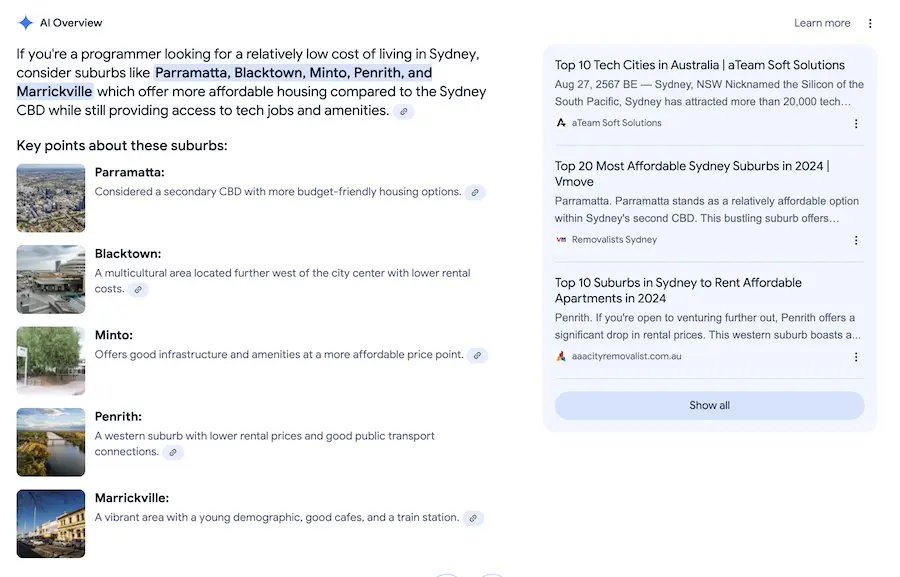 ตัวอย่างการแสดงผล AI Overviews บนหน้าการค้นหาของ Google