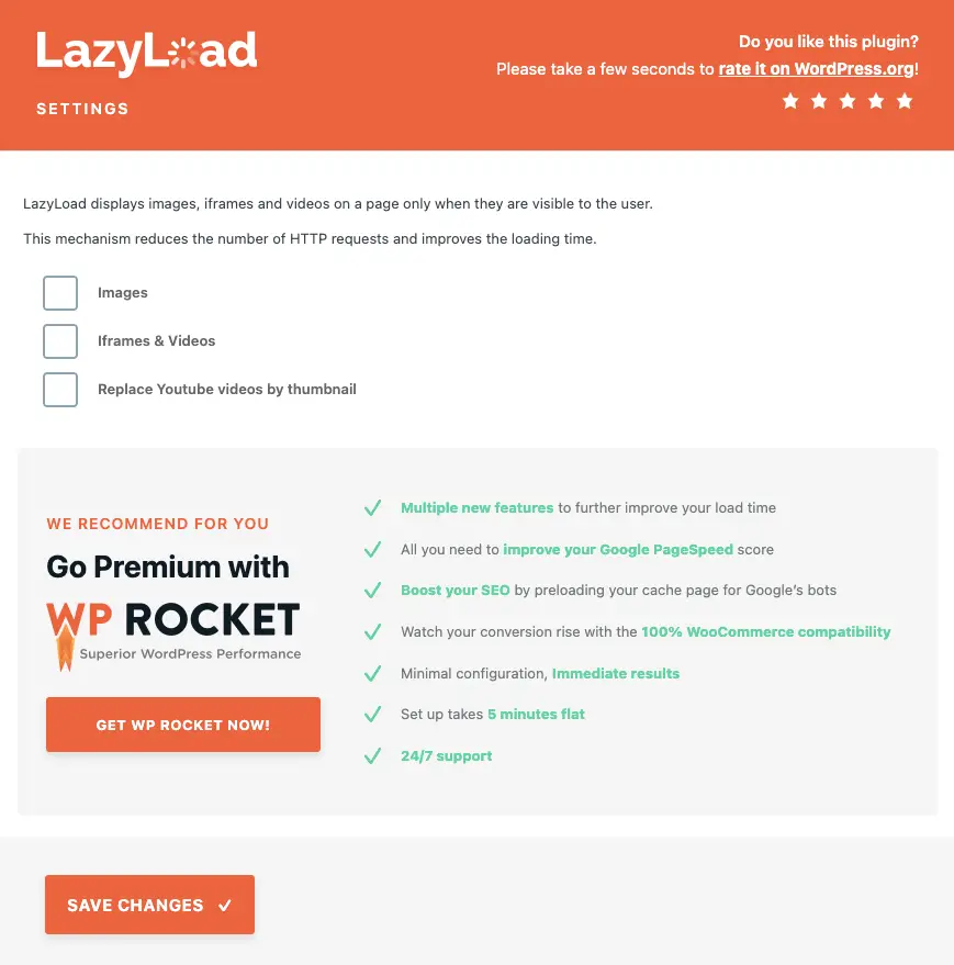 หน้าตาการตั้งค่าปลั๊กอิน Lazy Load จากค่าย WP Rocket