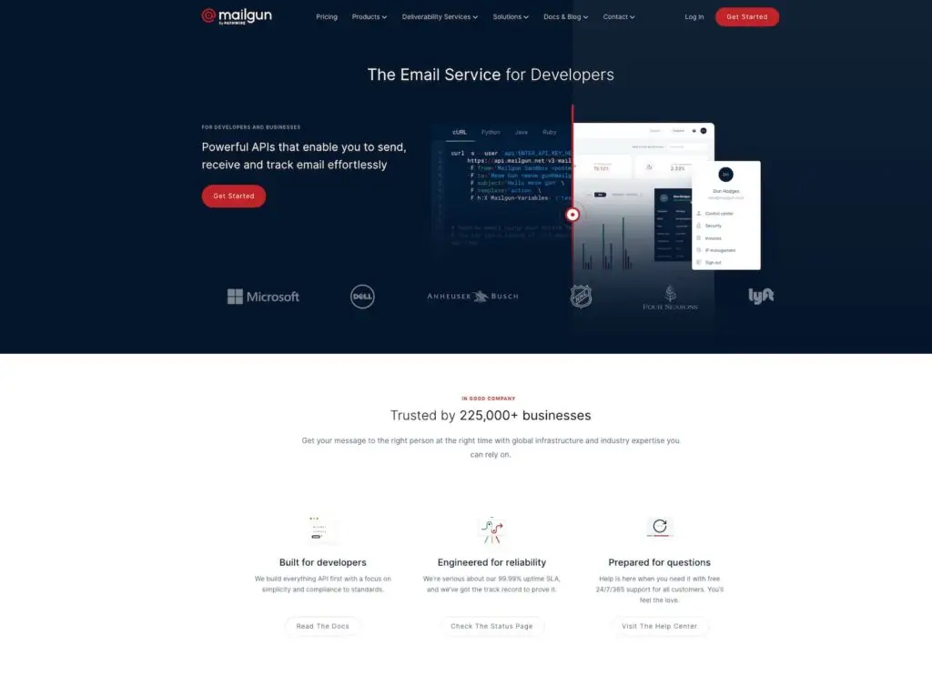 หน้าแรกเว็บไซต์ Mailgun สำหรับกดสมัครสมาชิกใหม่