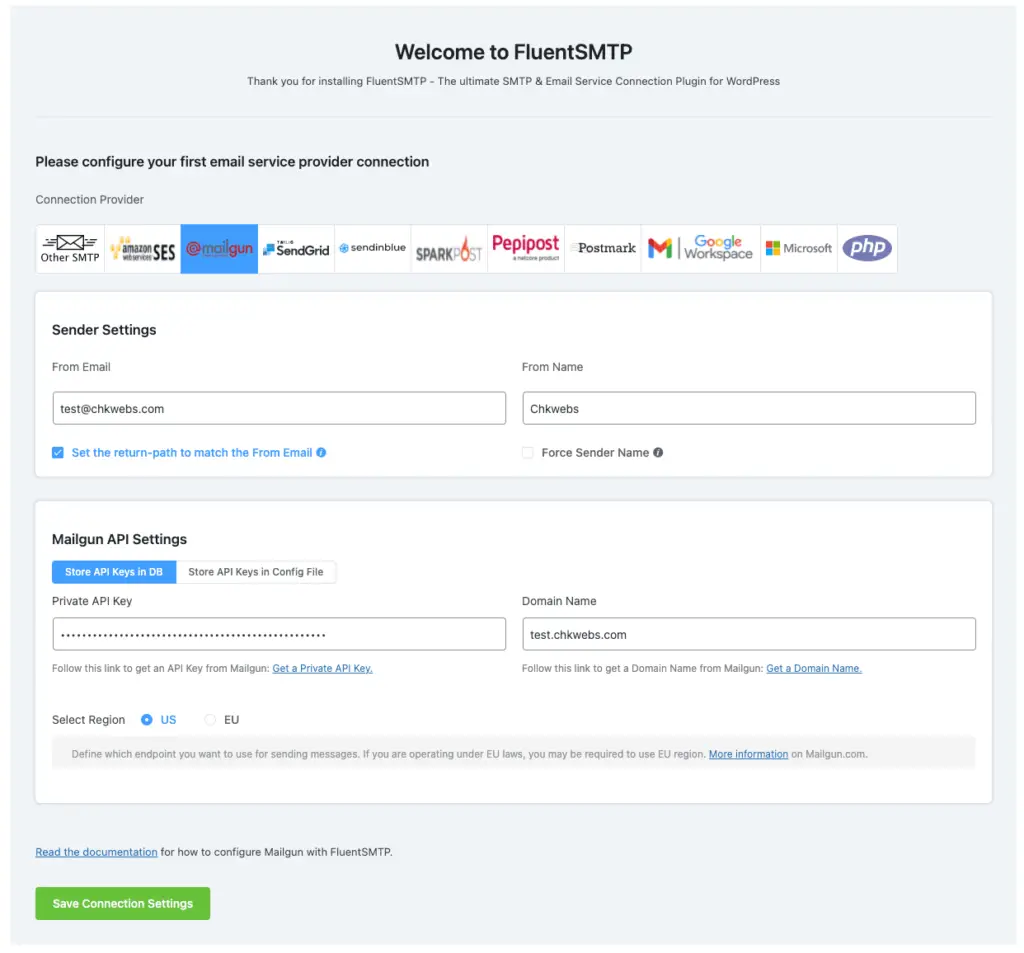 หน้าการตั้งค่า FluentSMTP ใน WordPress เพื่อเชื่อมต่อกับ Mailgun