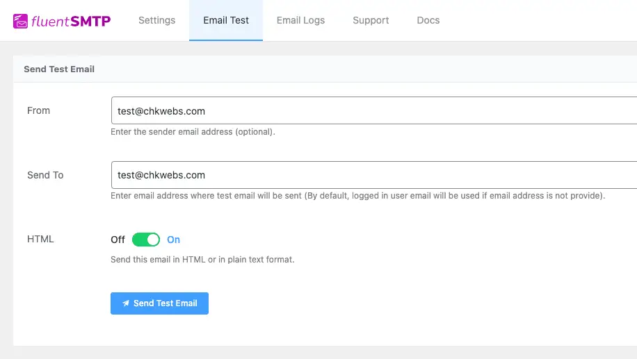 การทดสอบส่งอีเมล Test Email ในปลั๊กอิน FluentSMTP