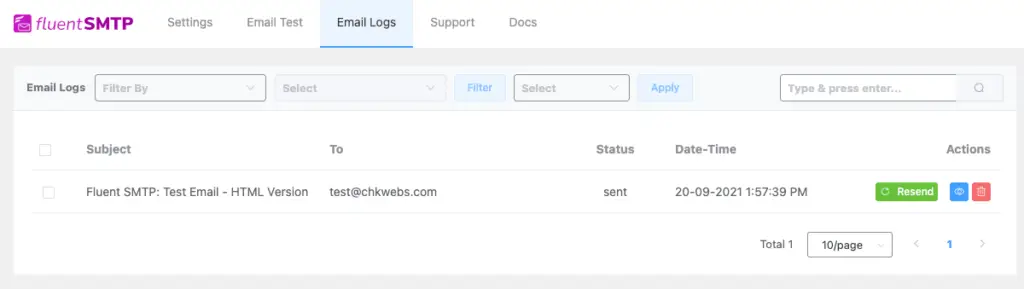 หน้าจอ Email Logs สำหรับตรวจสอบประวัติการส่งเมลใน WordPress