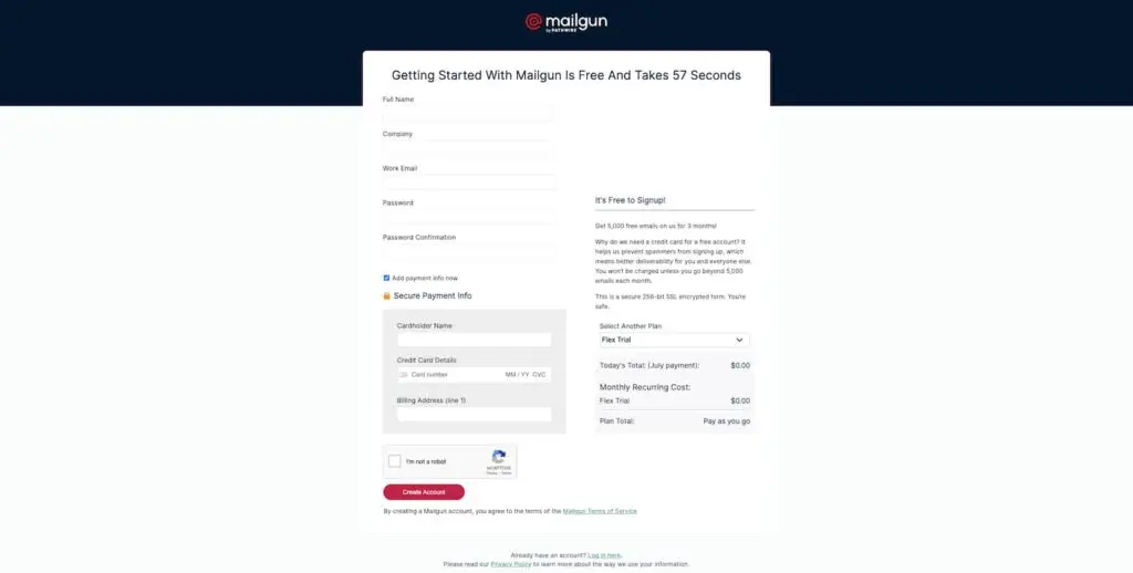 กรอกข้อมูลสมัครสมาชิก Mailgun และเลือกแพ็คเกจ Flex Trial