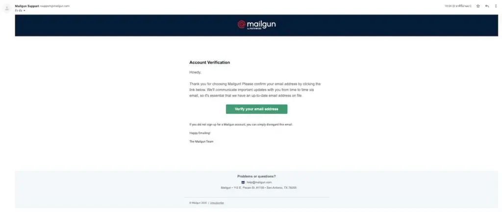 อีเมลยืนยันการสมัครสมาชิกจาก Mailgun เพื่อ Verify Email