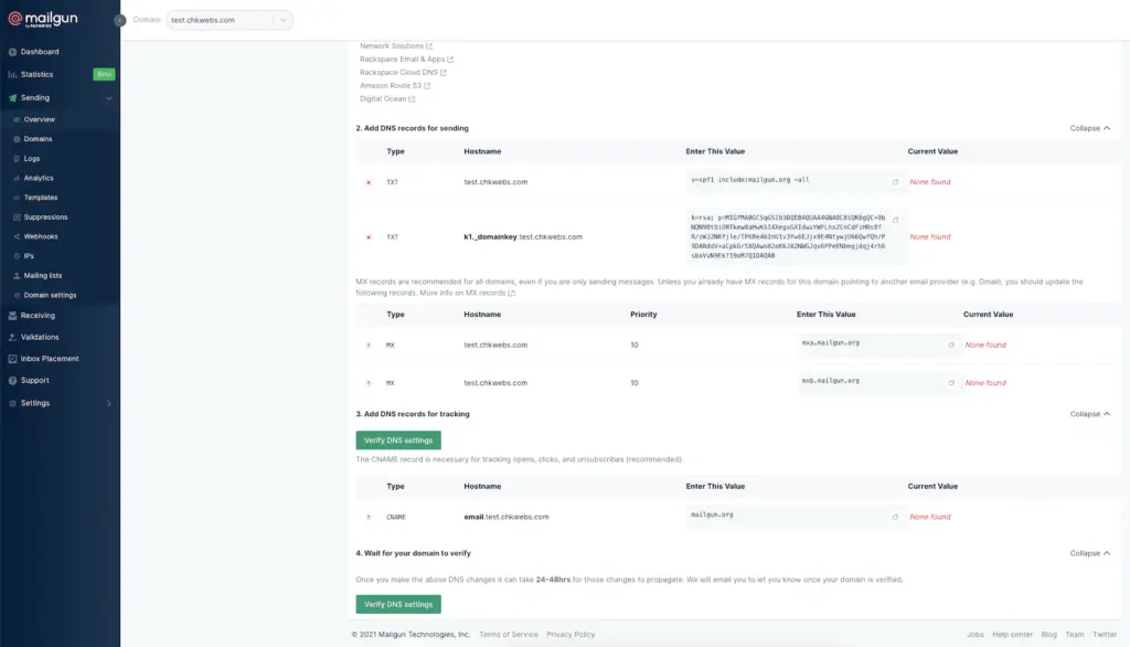 ค่า DNS Records ที่ต้องนำไปตั้งค่าใน Hosting สำหรับ Mailgun